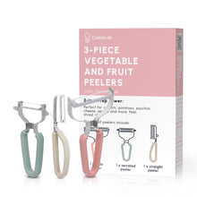 Load image into Gallery viewer, CuttleLab Vegetable Peeler Set – Serrated, Straight &amp; Wide Blades- great apple peeler &amp; potato peelers, Carrots, Zucchini, Cucumbers – Soft Grip Handle- Eye Remover – Dishwasher Safe (3, Farmhouse)