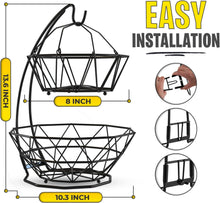 Load image into Gallery viewer, Fruit Basket with Banana Hanger and Fruit Bowl. Kitchen Counter Fruit Bowl with Banana Holder used as Bread, Vegetable or Produce Basket, Egg Holder, 2 Tier