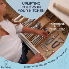 Load image into Gallery viewer, CuttleLab Vegetable Peeler Set – Serrated, Straight &amp; Wide Blades- great apple peeler &amp; potato peelers, Carrots, Zucchini, Cucumbers – Soft Grip Handle- Eye Remover – Dishwasher Safe (3, Farmhouse)