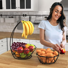 Load image into Gallery viewer, Fruit Basket with Banana Hanger and Fruit Bowl. Kitchen Counter Fruit Bowl with Banana Holder used as Bread, Vegetable or Produce Basket, Egg Holder, 2 Tier