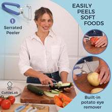 Load image into Gallery viewer, CuttleLab Vegetable Peeler Set – Serrated, Straight &amp; Wide Blades- great apple peeler &amp; potato peelers, Carrots, Zucchini, Cucumbers – Soft Grip Handle- Eye Remover – Dishwasher Safe (3, Farmhouse)