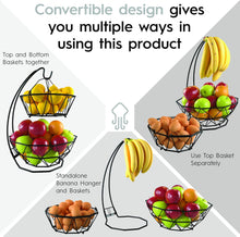 Load image into Gallery viewer, Fruit Basket with Banana Hanger and Fruit Bowl. Kitchen Counter Fruit Bowl with Banana Holder used as Bread, Vegetable or Produce Basket, Egg Holder, 2 Tier