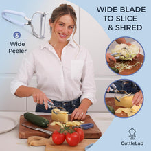 Load image into Gallery viewer, CuttleLab Vegetable Peeler Set – Serrated, Straight &amp; Wide Blades- great apple peeler &amp; potato peelers, Carrots, Zucchini, Cucumbers – Soft Grip Handle- Eye Remover – Dishwasher Safe (3, Farmhouse)