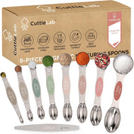 Magnetic Measuring Spoons Set - Stainless Steel, Double Ended, Stackable & Nested Design for Dry and Liquid Ingredients, Ideal for Spice Jars, 9-Piece Set with Leveler (Country Chic)