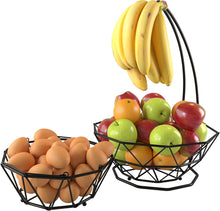 Load image into Gallery viewer, Fruit Basket with Banana Hanger and Fruit Bowl. Kitchen Counter Fruit Bowl with Banana Holder used as Bread, Vegetable or Produce Basket, Egg Holder, 2 Tier