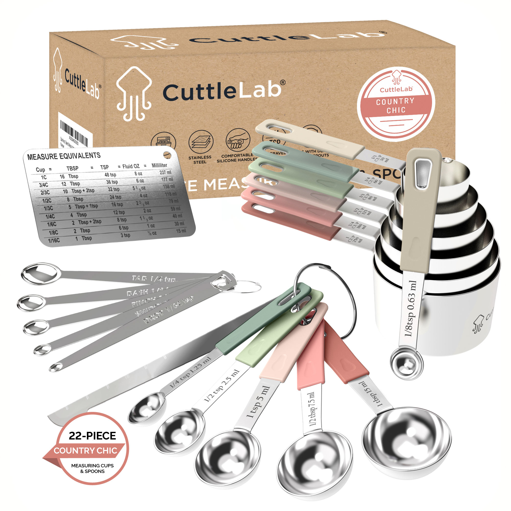 22-Piece Stainless Steel Measuring Cups and Spoons Set in Country Chic –  CuttleLab
