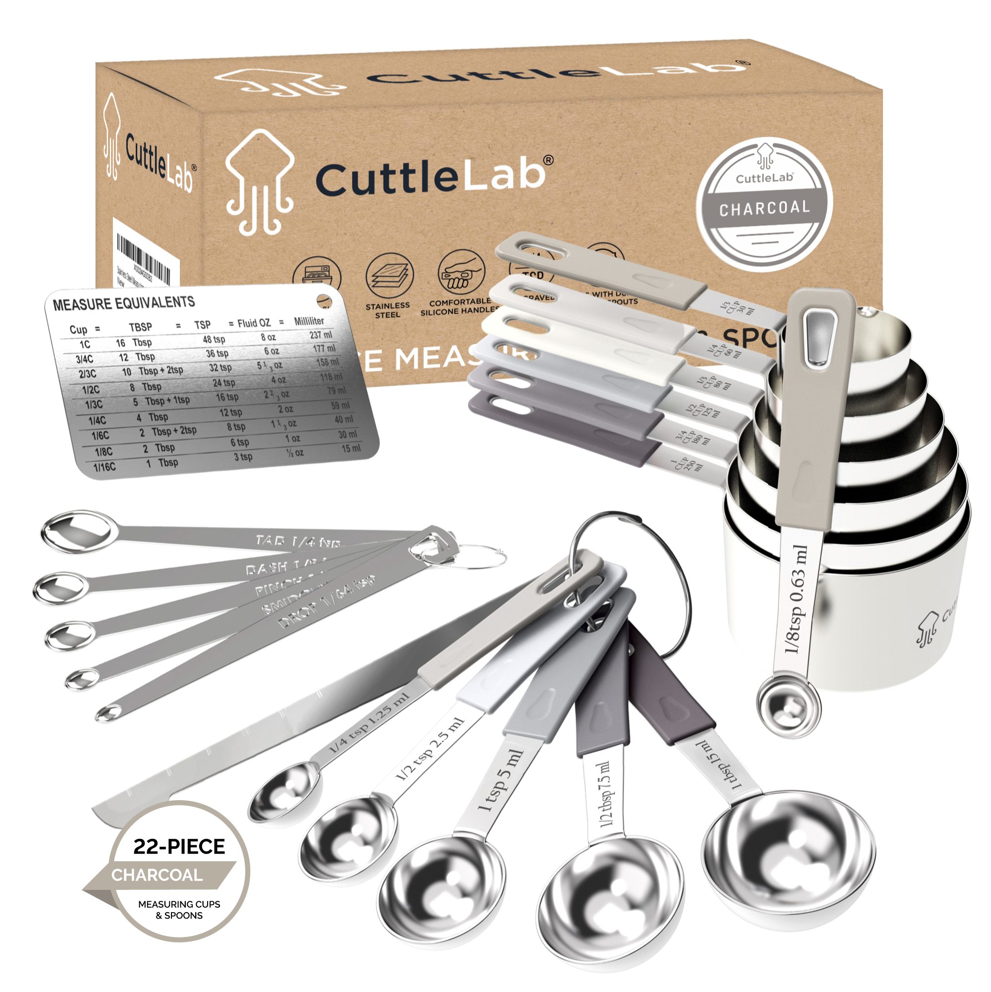 22-Piece Stainless Steel Measuring Cups and Spoons Set in Charcoal –  CuttleLab